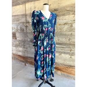 Banana Republic NWT Puff Sleeve Floral Midi Dress S Navy Blue Pink Feminine